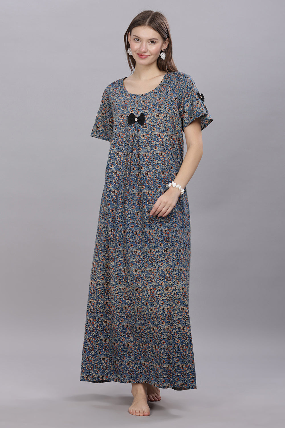 Naidu Hall Round Neck Short Sleeves 100% Cotton Printed with Box pleat Women's Nighty  - Blue - T414