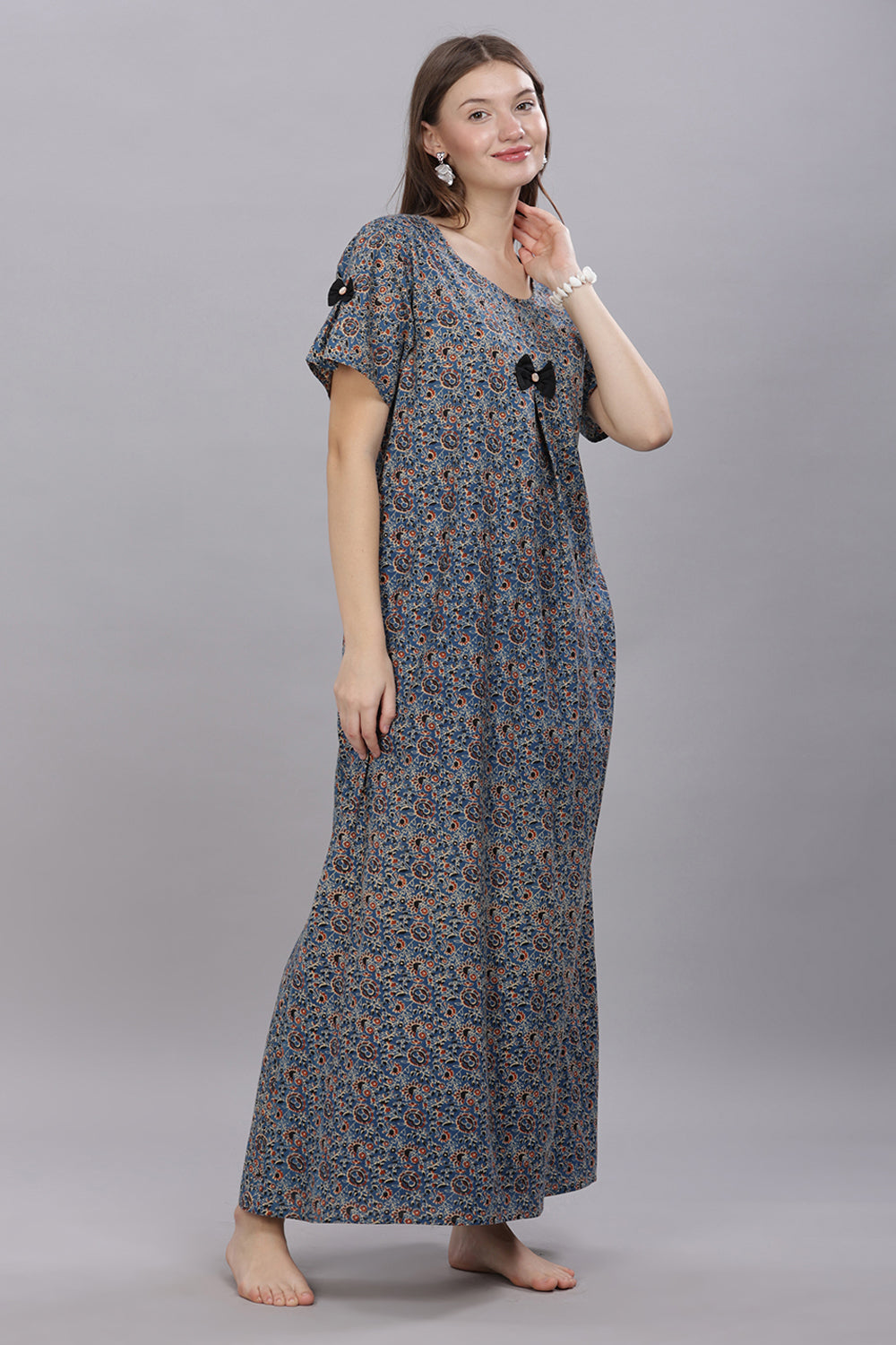 Naidu Hall Round Neck Short Sleeves 100% Cotton Printed with Box pleat Women's Nighty  - Blue - T414