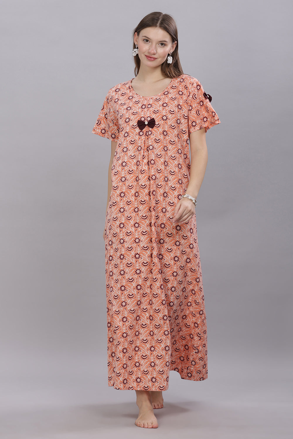 Naidu Hall Round Neck Short Sleeves 100% Cotton Printed with Box pleat Women's Nighty  - Peach - T418