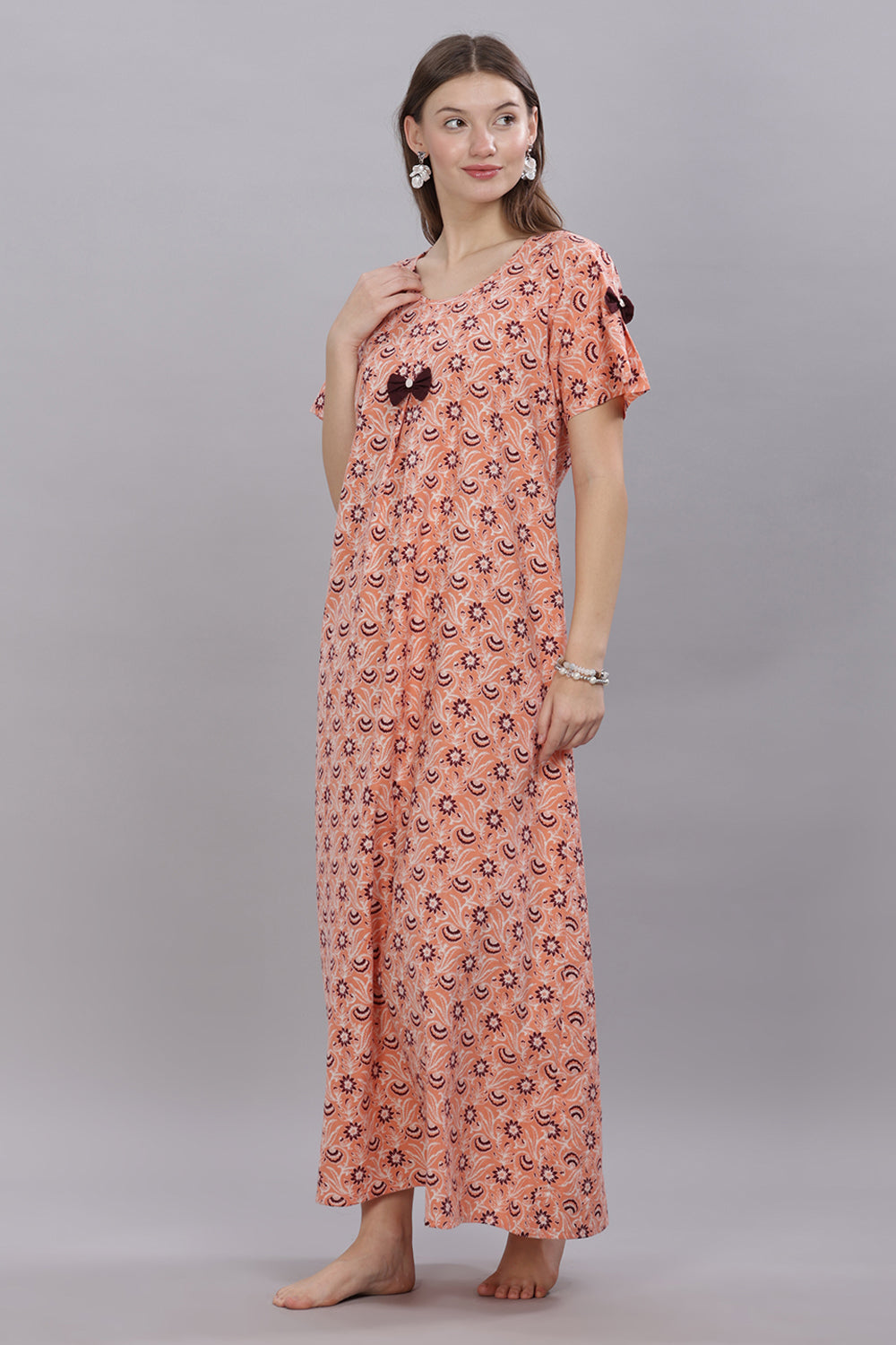 Naidu Hall Round Neck Short Sleeves 100% Cotton Printed with Box pleat Women's Nighty  - Peach - T418