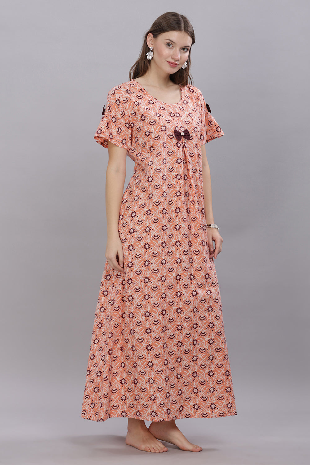 Naidu Hall Round Neck Short Sleeves 100% Cotton Printed with Box pleat Women's Nighty  - Peach - T418