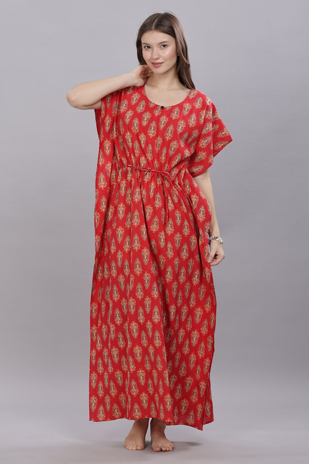 Naidu Hall Round Neck Kaftan Sleeves 100% Cotton Printed Kaftan  Women's Nighty  - Red - T404