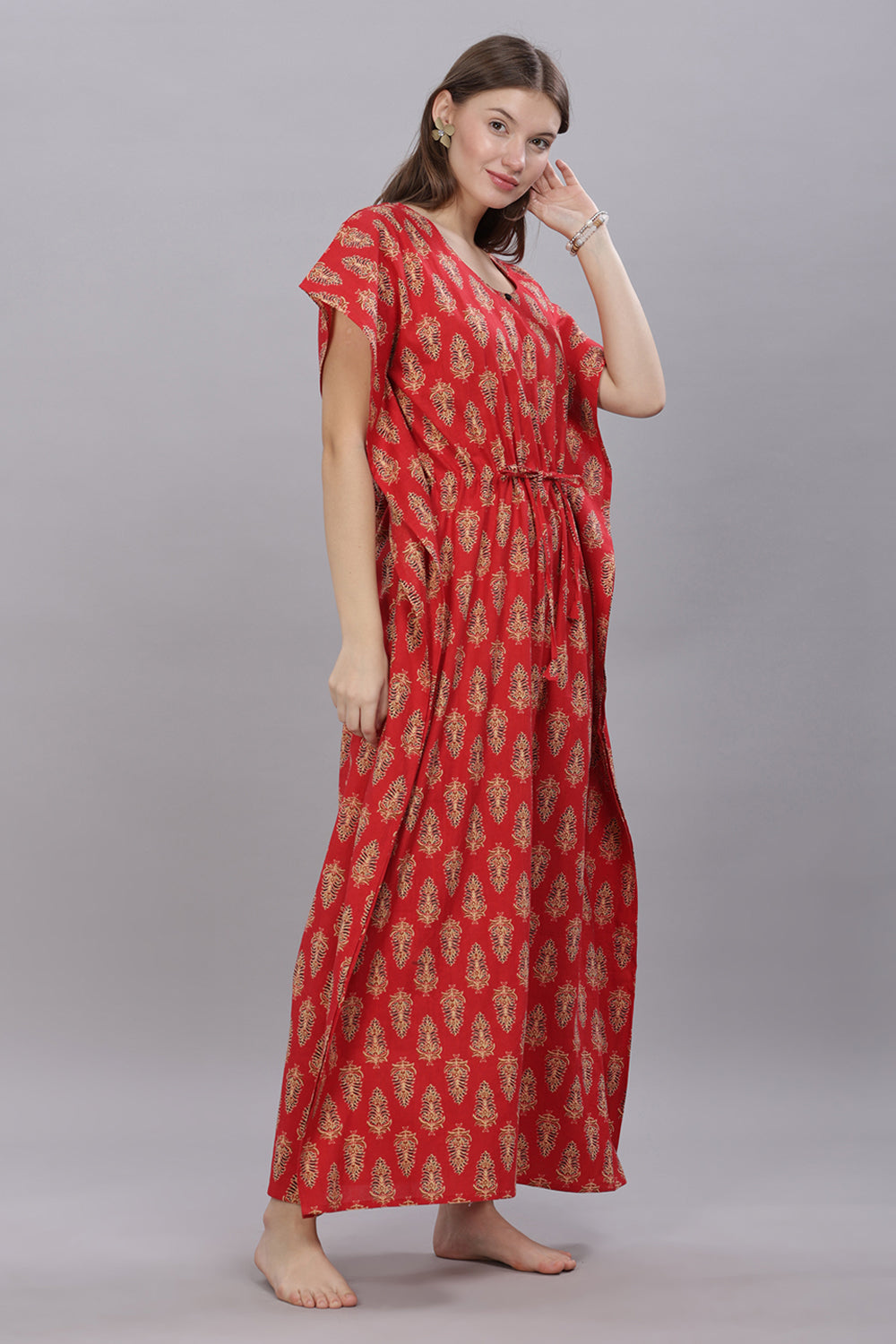 Naidu Hall Round Neck Kaftan Sleeves 100% Cotton Printed Kaftan  Women's Nighty  - Red - T404