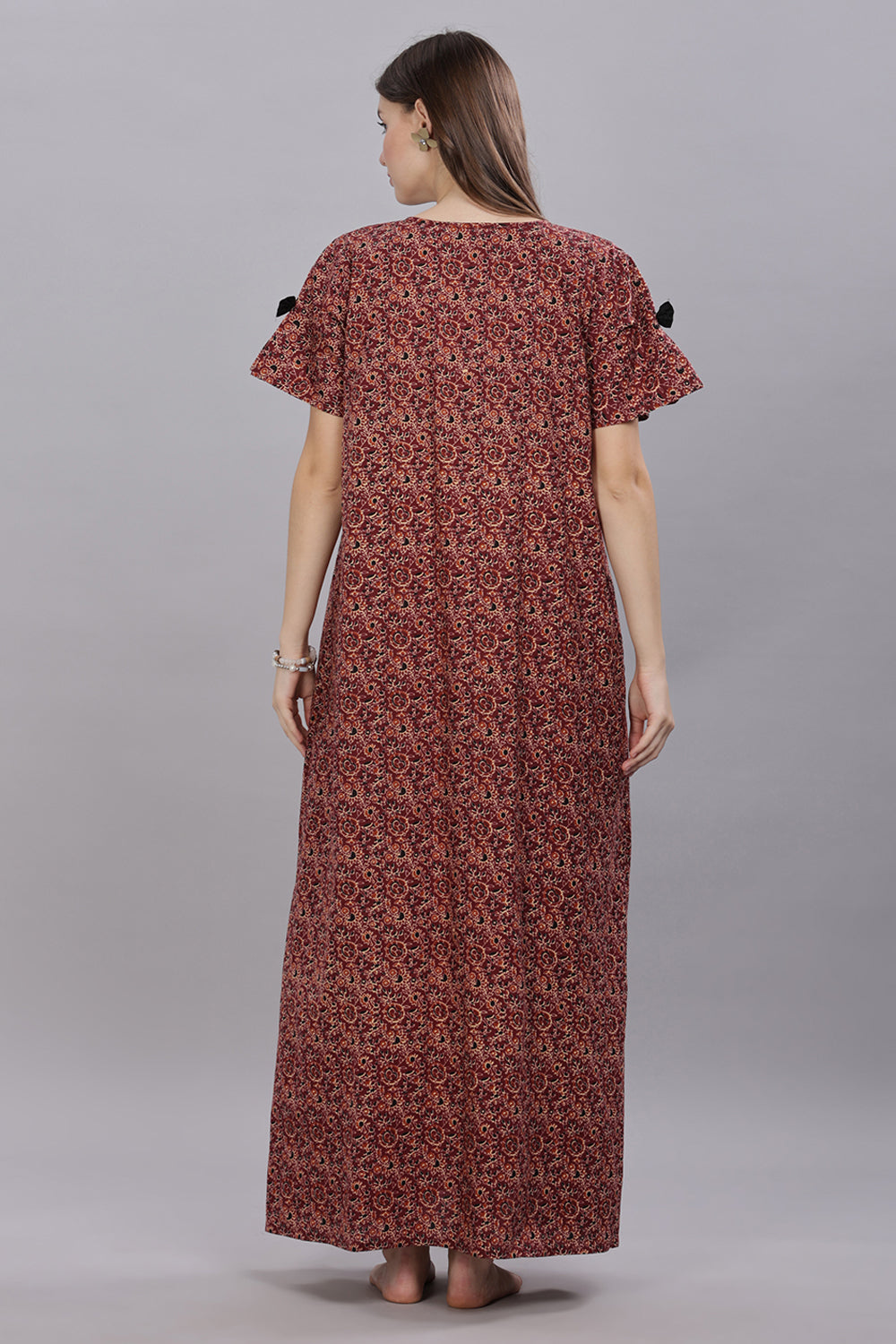 Naidu Hall Round Neck Short Sleeves 100% Cotton Printed with Box pleat Women's Nighty  - Brown - T415