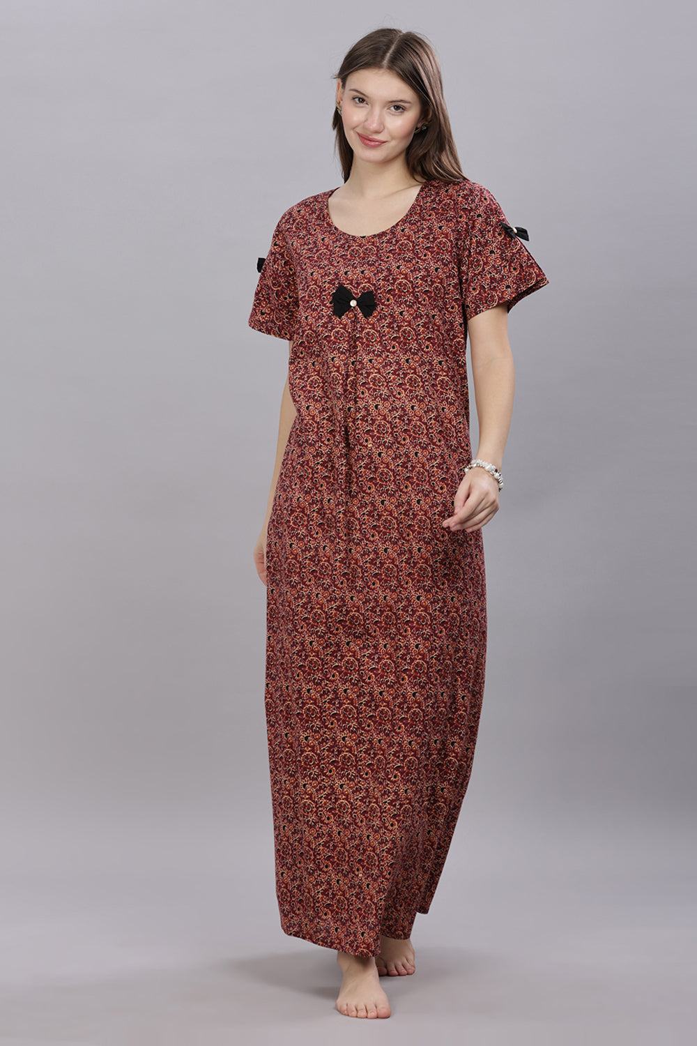 Naidu Hall Round Neck Short Sleeves 100% Cotton Printed with Box pleat Women's Nighty  - Brown - T415