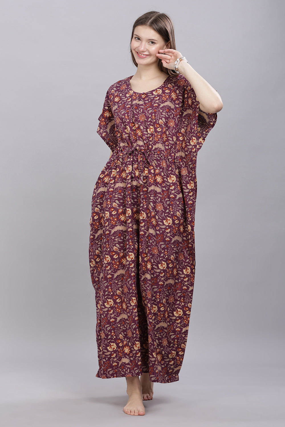 Naidu Hall Round Neck Kaftan Sleeves 100% Cotton Printed Kaftan  Women's Nighty  - Purple - T405