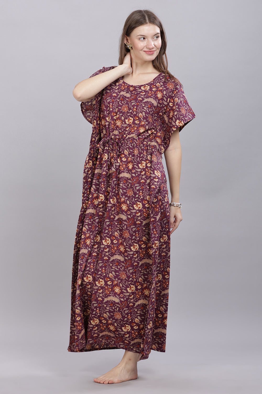 Naidu Hall Round Neck Kaftan Sleeves 100% Cotton Printed Kaftan  Women's Nighty  - Purple - T405