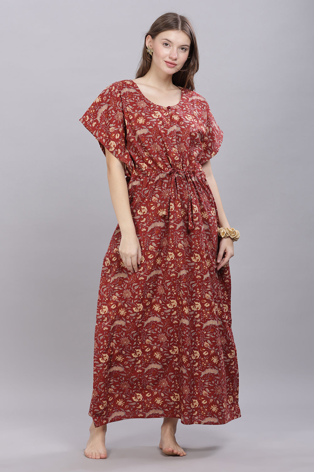 Naidu Hall Round Neck Kaftan Sleeves 100% Cotton Printed Kaftan  Women's Nighty  - Maroon - T406