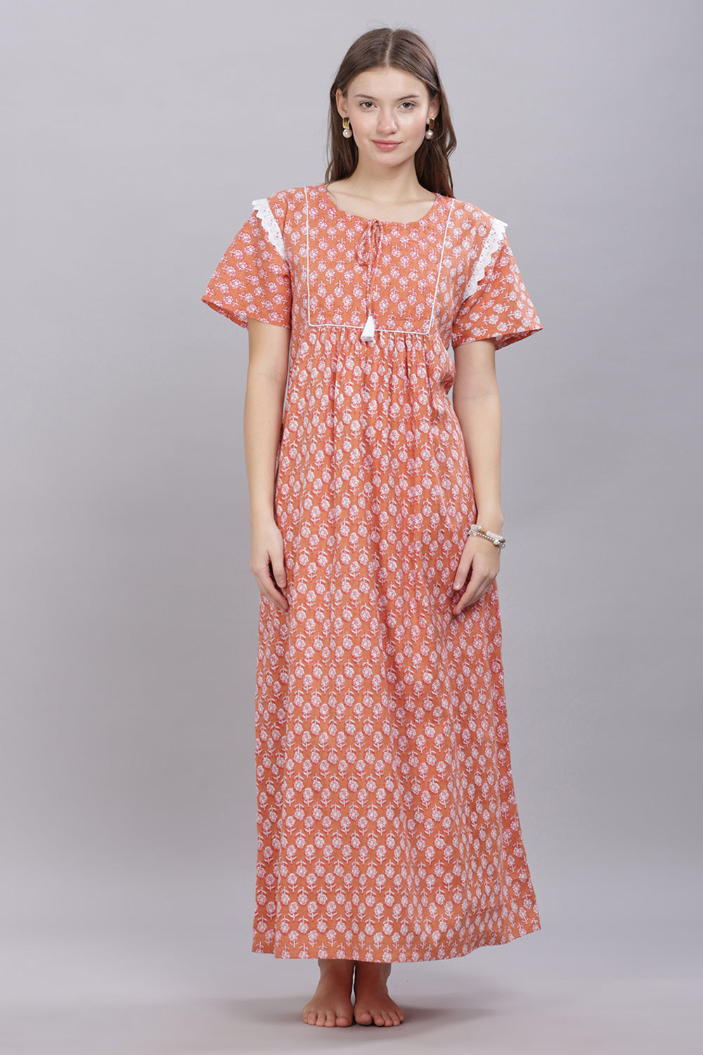 Naidu Hall Round Neck Half Sleeve 100% Cotton Printed with Ruffle Gathering at Shoulder Women's Nighty  - Rust - T408