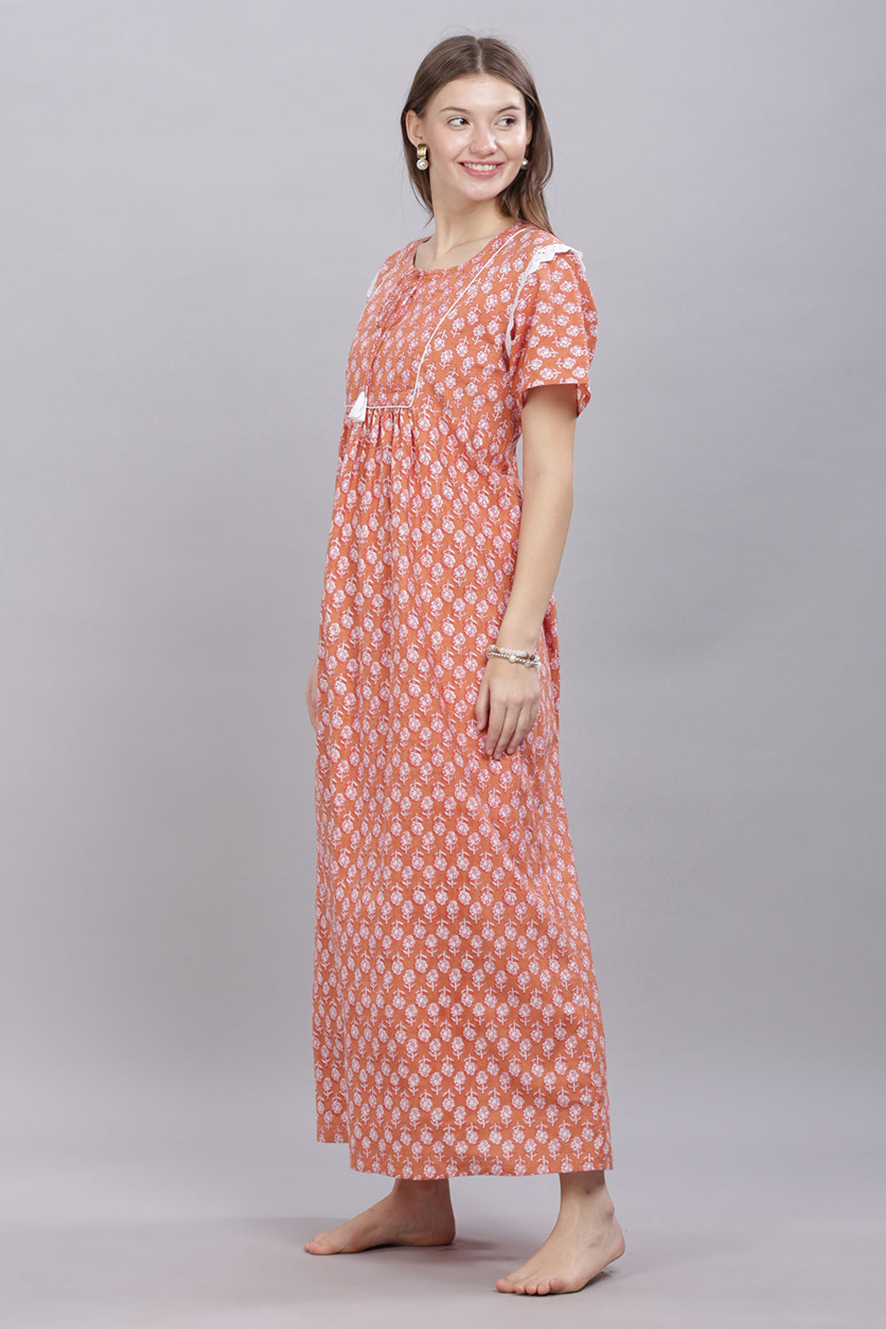 Naidu Hall Round Neck Half Sleeve 100% Cotton Printed with Ruffle Gathering at Shoulder Women's Nighty  - Rust - T408