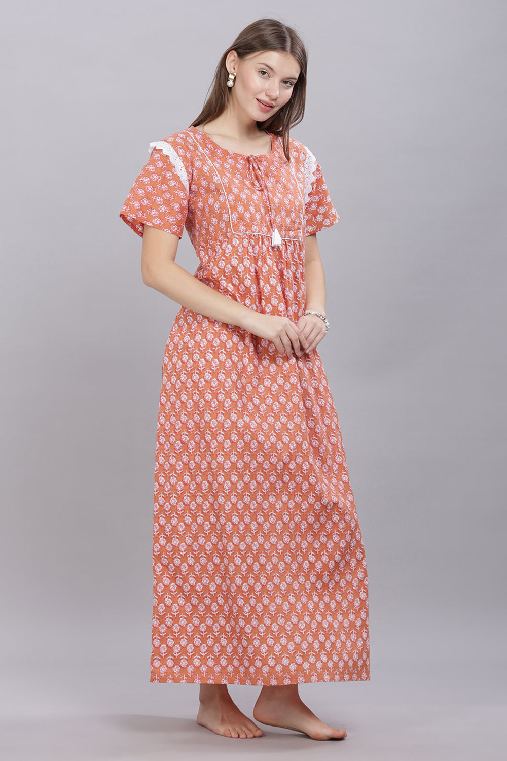 Naidu Hall Round Neck Half Sleeve 100% Cotton Printed with Ruffle Gathering at Shoulder Women's Nighty  - Rust - T408