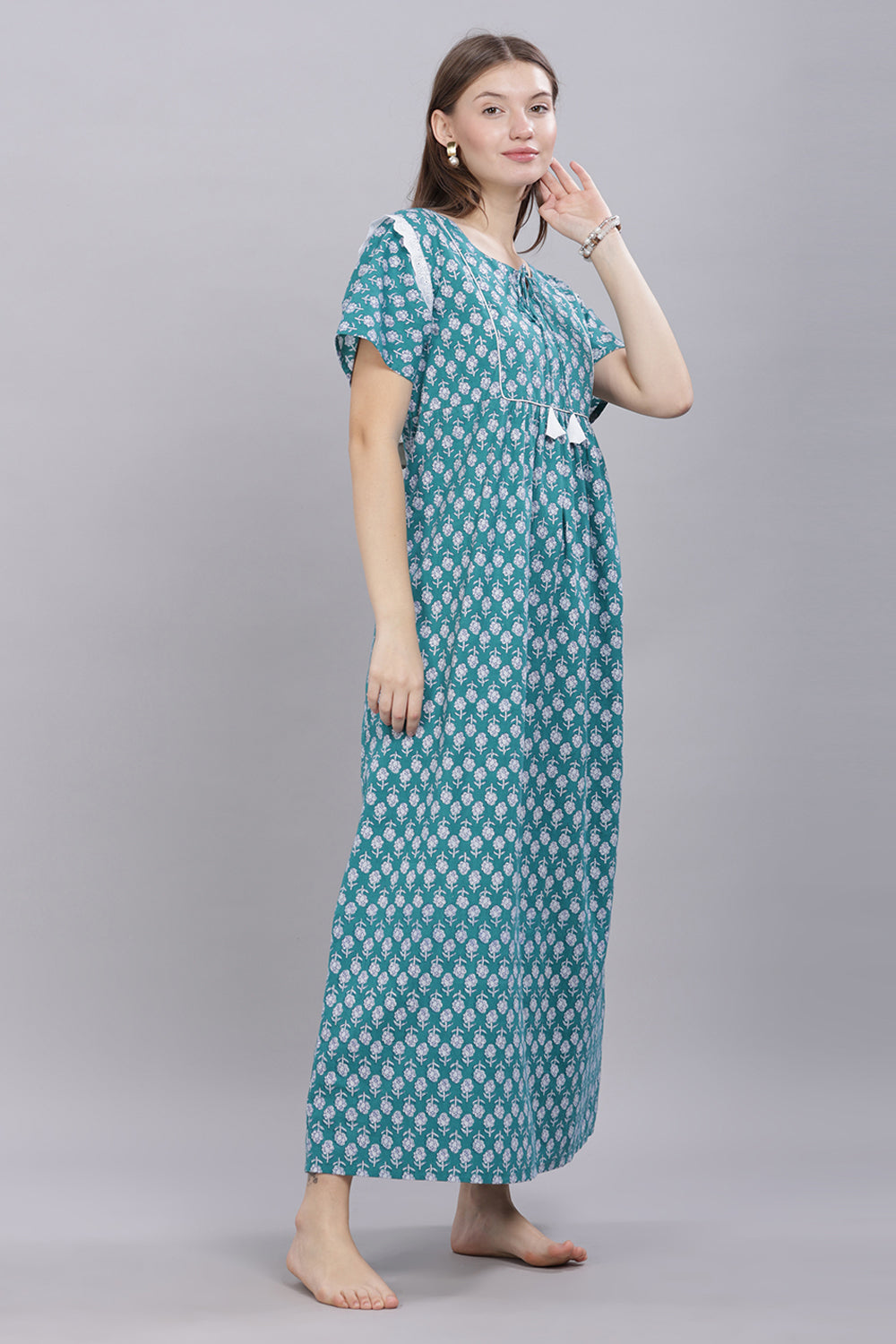 Naidu Hall Round Neck Half Sleeve 100% Cotton Printed with Ruffle Gathering at Shoulder Women's Nighty  - Green - T409