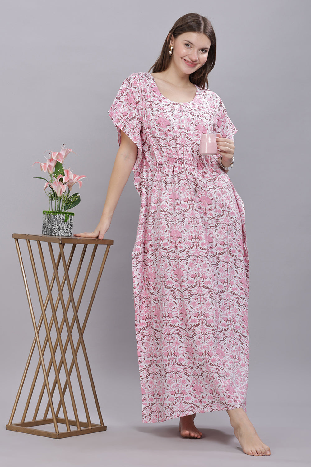 Naidu Hall Round Neck Kaftan Sleeves 100% Cotton Printed Kaftan  Women's Nighty  - Pink - T401