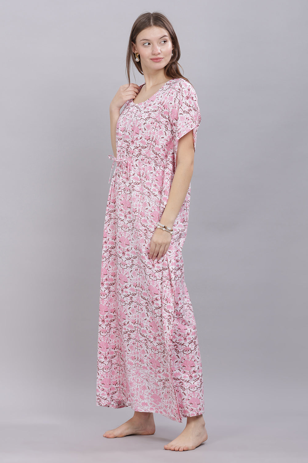 Naidu Hall Round Neck Kaftan Sleeves 100% Cotton Printed Kaftan  Women's Nighty  - Pink - T401