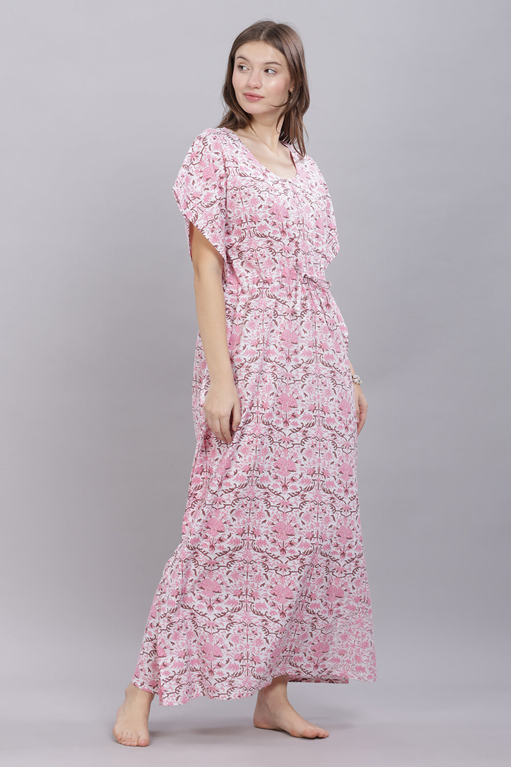 Naidu Hall Round Neck Kaftan Sleeves 100% Cotton Printed Kaftan  Women's Nighty  - Pink - T401