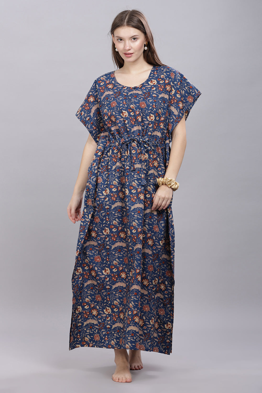 Naidu Hall Round Neck Kaftan Sleeves 100% Cotton Printed Kaftan  Women's Nighty  - Blue - T407