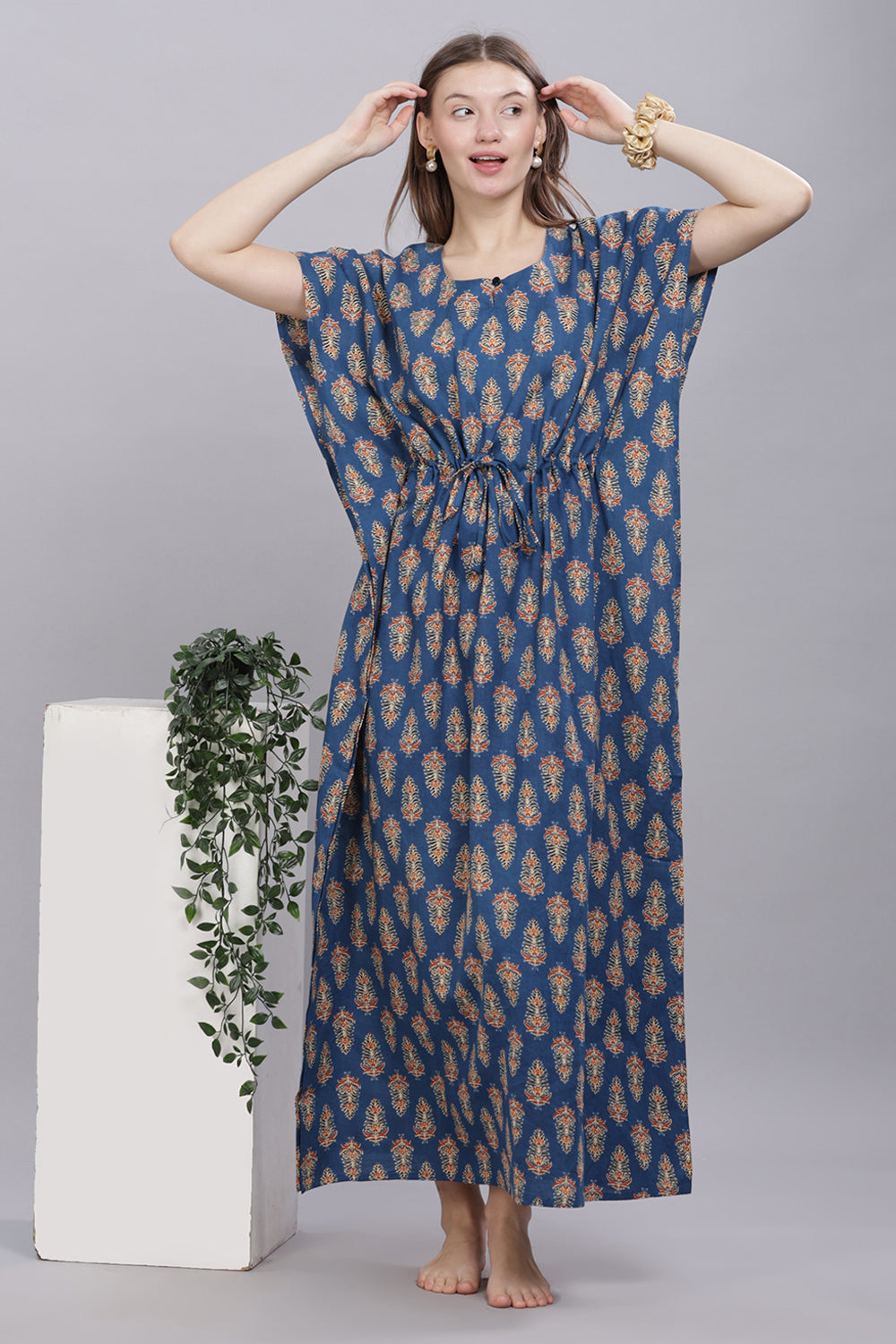 Naidu Hall Round Neck Kaftan Sleeves 100% Cotton Printed Kaftan  Women's Nighty  - Blue - T407