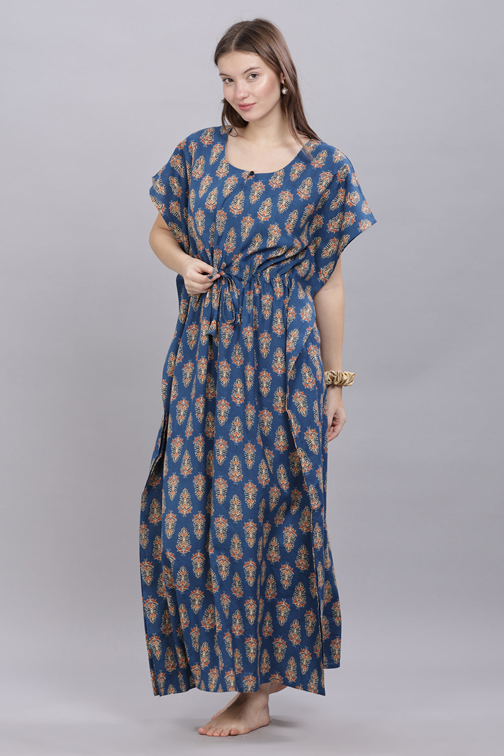 Naidu Hall Round Neck Kaftan Sleeves 100% Cotton Printed Kaftan  Women's Nighty  - Blue - T407