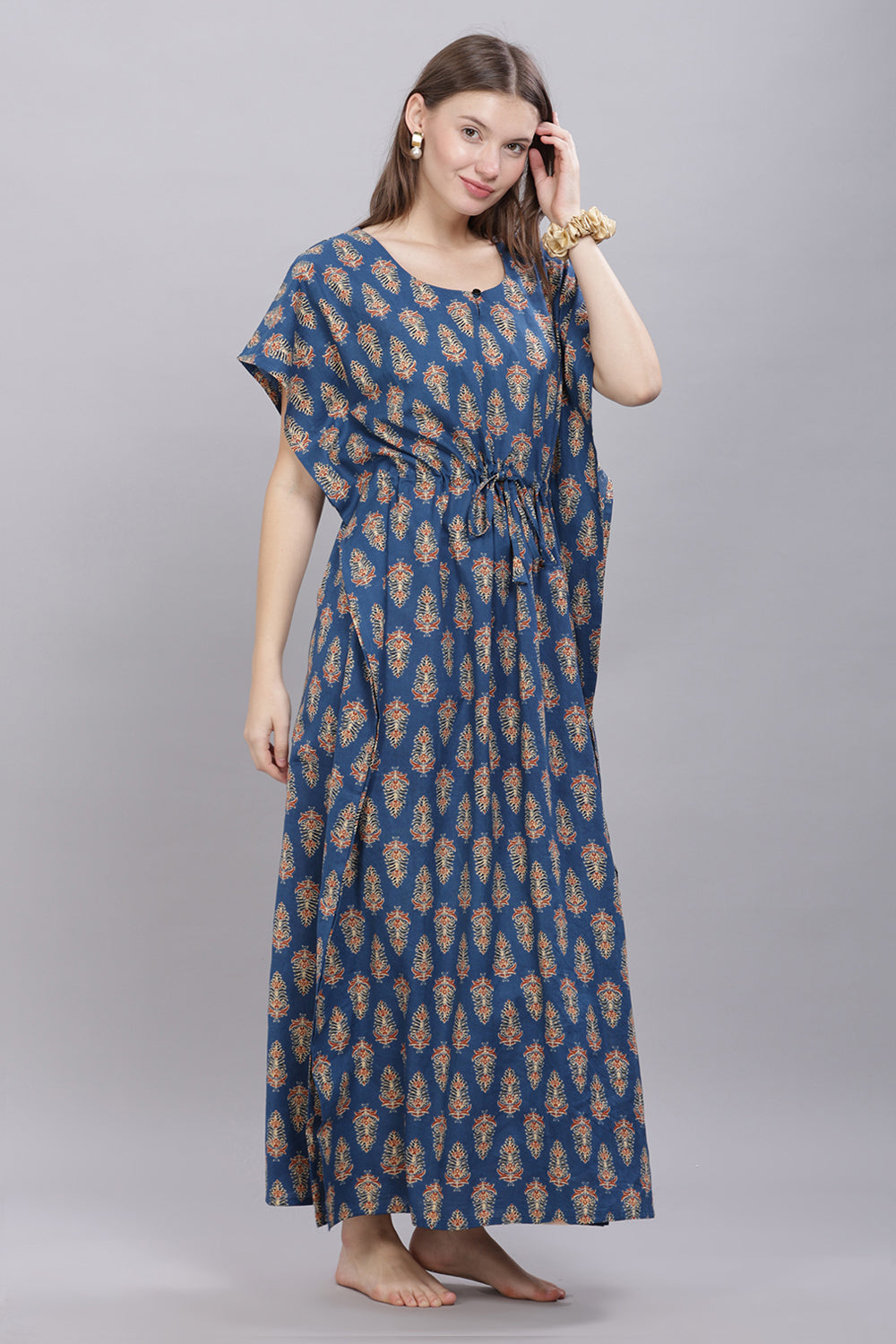 Naidu Hall Round Neck Kaftan Sleeves 100% Cotton Printed Kaftan  Women's Nighty  - Blue - T407