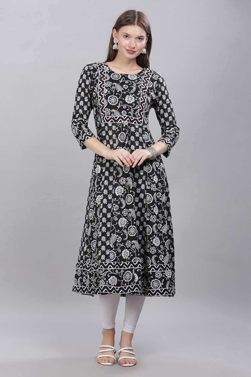 Mythri Round Neck Printed Kurta With 3/4th Sleeves  - Black - KU48