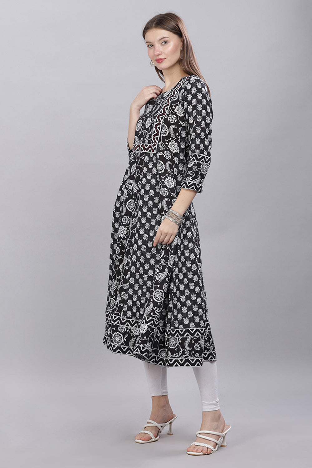 Mythri Round Neck Printed Kurta With 3/4th Sleeves  - Black - KU48