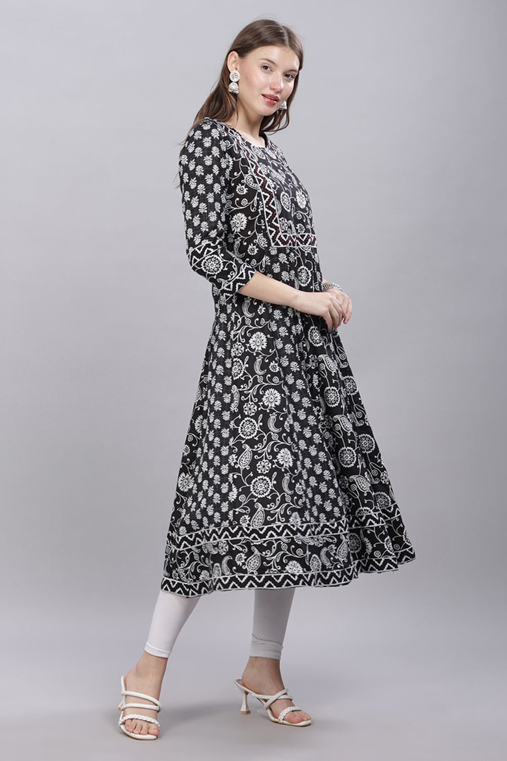 Mythri Round Neck Printed Kurta With 3/4th Sleeves  - Black - KU48