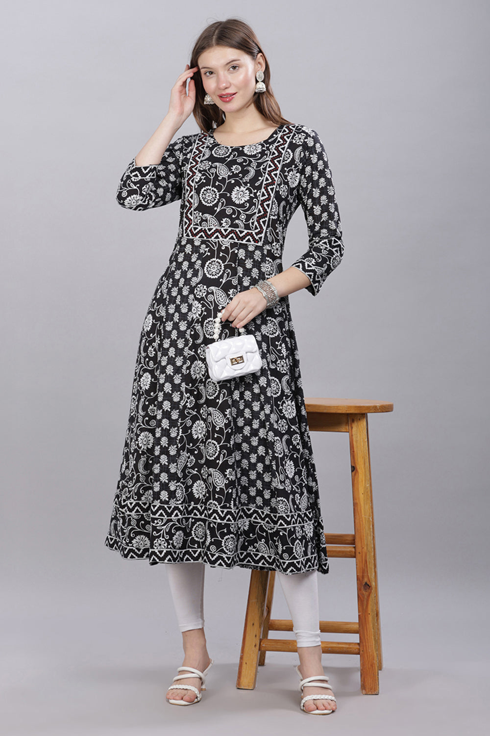 Mythri Round Neck Printed Kurta With 3/4th Sleeves  - Black - KU48