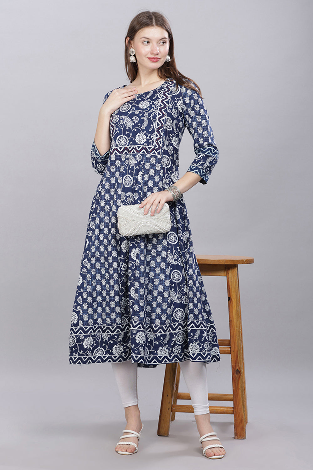 Mythri Round Neck Printed Kurta With 3/4th Sleeves  - Blue - KU47