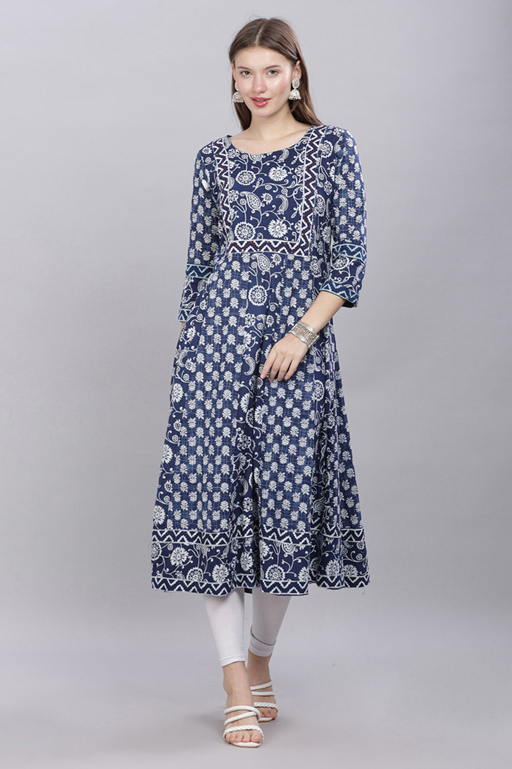 Mythri Round Neck Printed Kurta With 3/4th Sleeves  - Blue - KU47