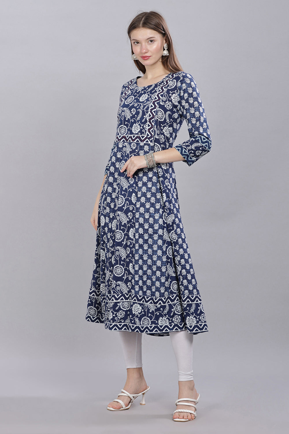 Mythri Round Neck Printed Kurta With 3/4th Sleeves  - Blue - KU47