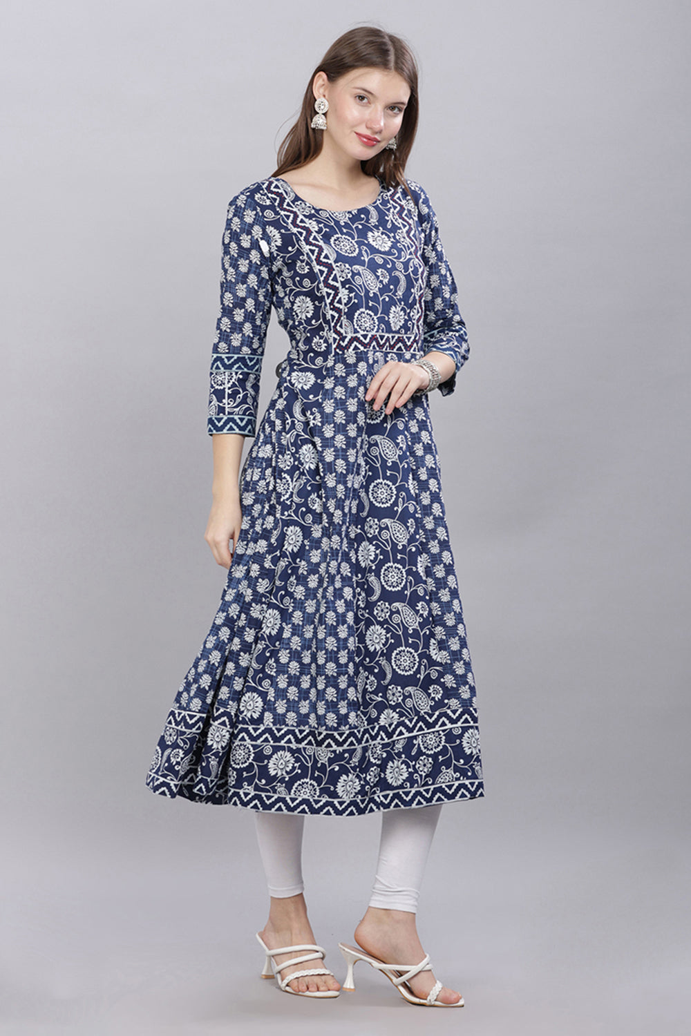 Mythri Round Neck Printed Kurta With 3/4th Sleeves  - Blue - KU47