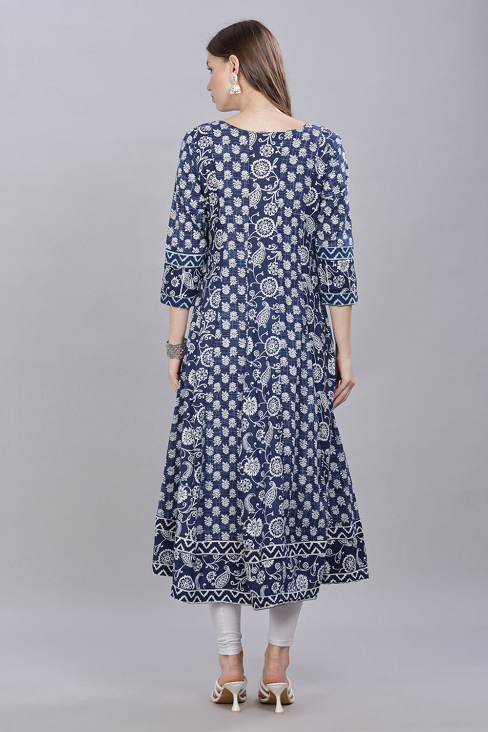 Mythri Round Neck Printed Kurta With 3/4th Sleeves  - Blue - KU47