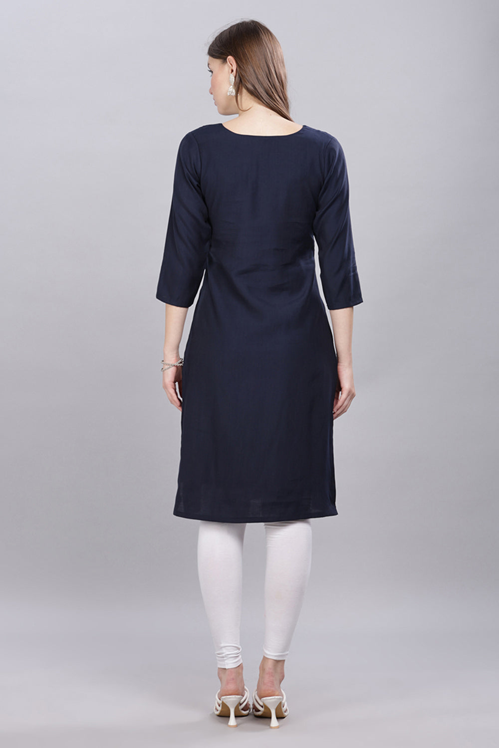 Mythri Round Neck Embroidered Kurta With 3/4th Sleeves  - Navy Blue - KU60