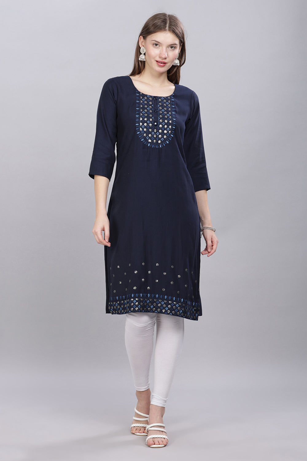 Mythri Round Neck Embroidered Cotton Kurta With 3/4th Sleeves - Navy Blue - KU60