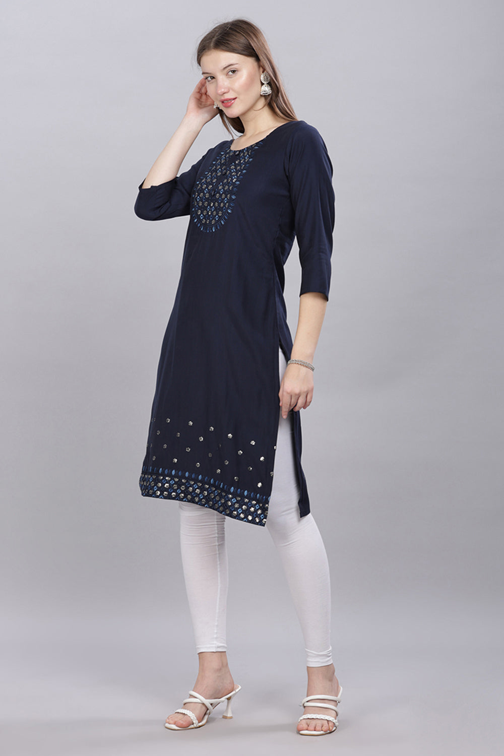 Mythri Round Neck Embroidered Kurta With 3/4th Sleeves  - Navy Blue - KU60