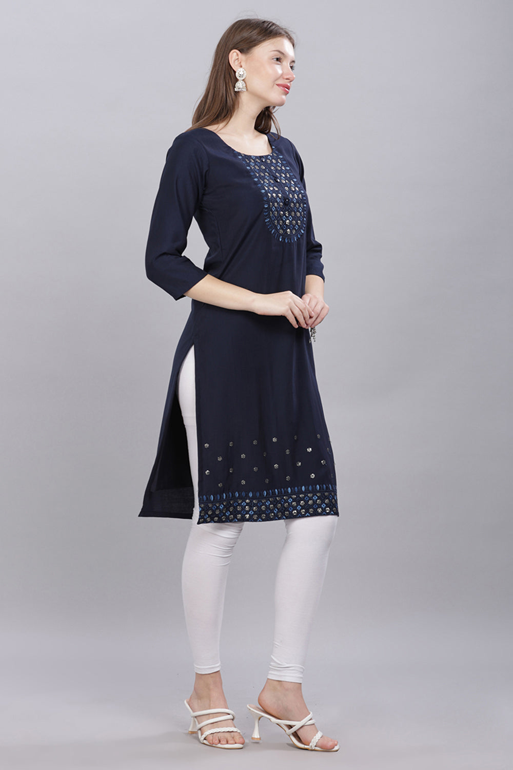 Mythri Round Neck Embroidered Kurta With 3/4th Sleeves  - Navy Blue - KU60