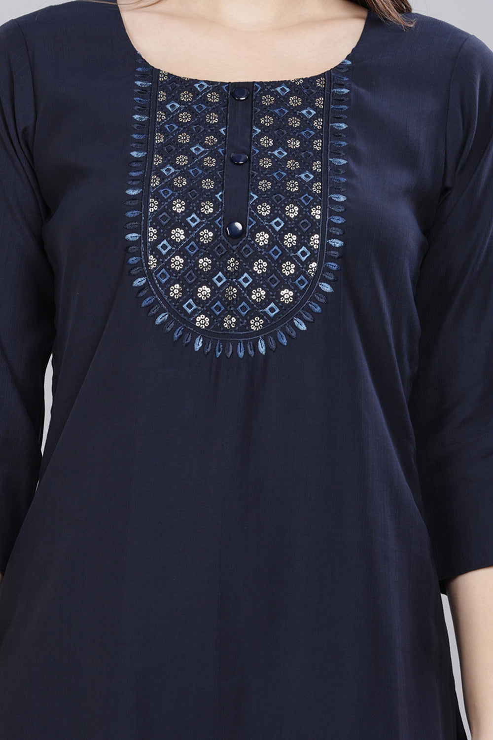 Mythri Round Neck Embroidered Kurta With 3/4th Sleeves  - Navy Blue - KU60