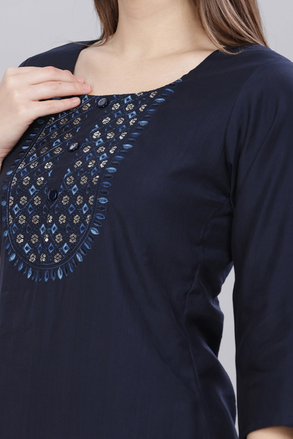 Mythri Round Neck Embroidered Kurta With 3/4th Sleeves  - Navy Blue - KU60