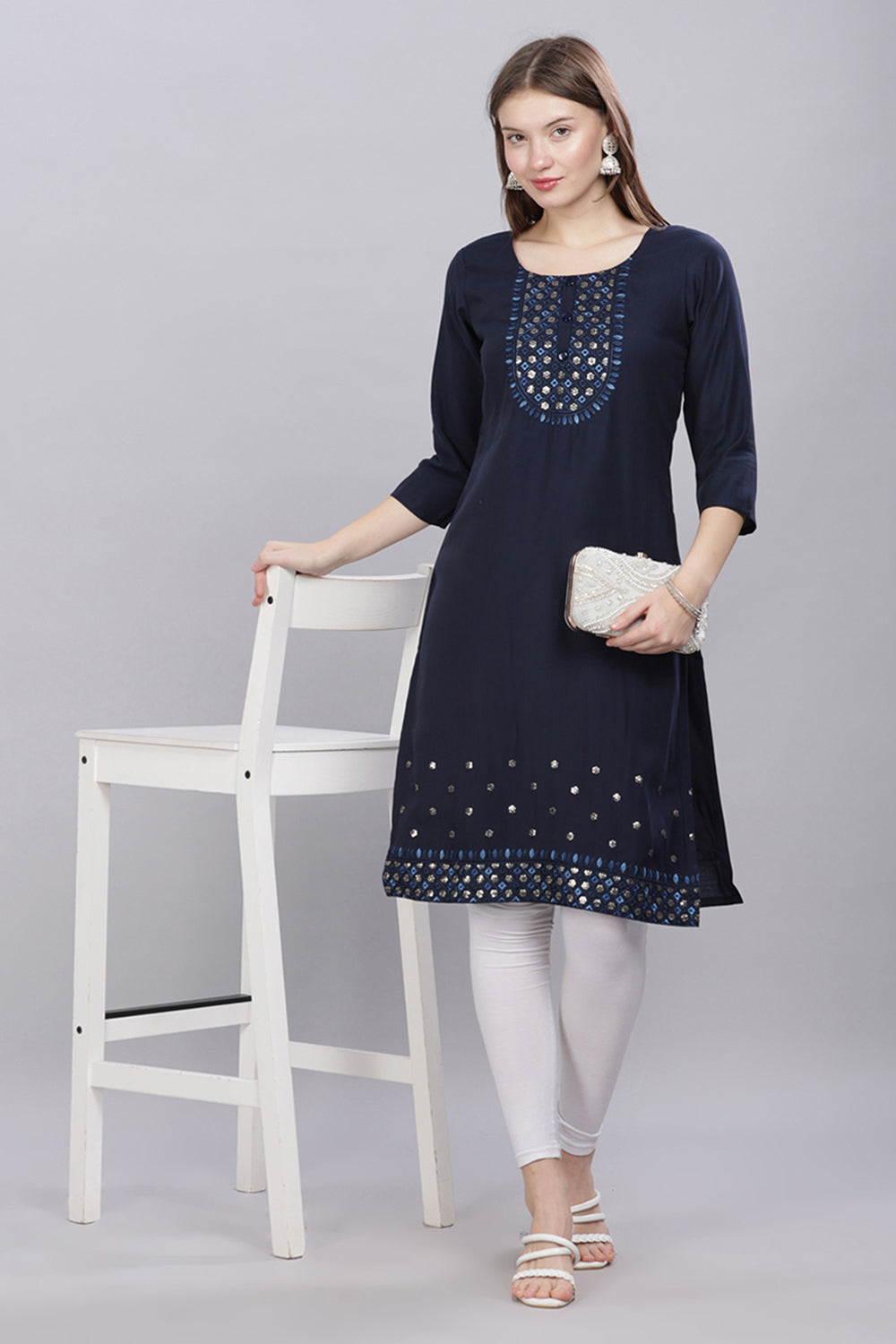 Mythri Round Neck Embroidered Kurta With 3/4th Sleeves  - Navy Blue - KU60