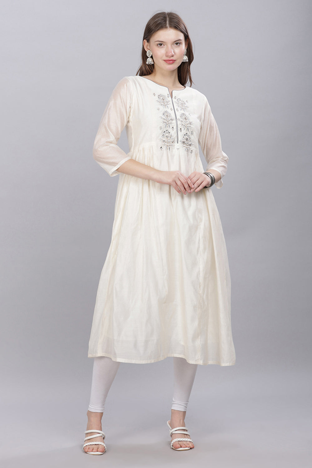 Mythri Round Neck Anarkali Kurta With 3/4 Sleeves  - Off White - KU53