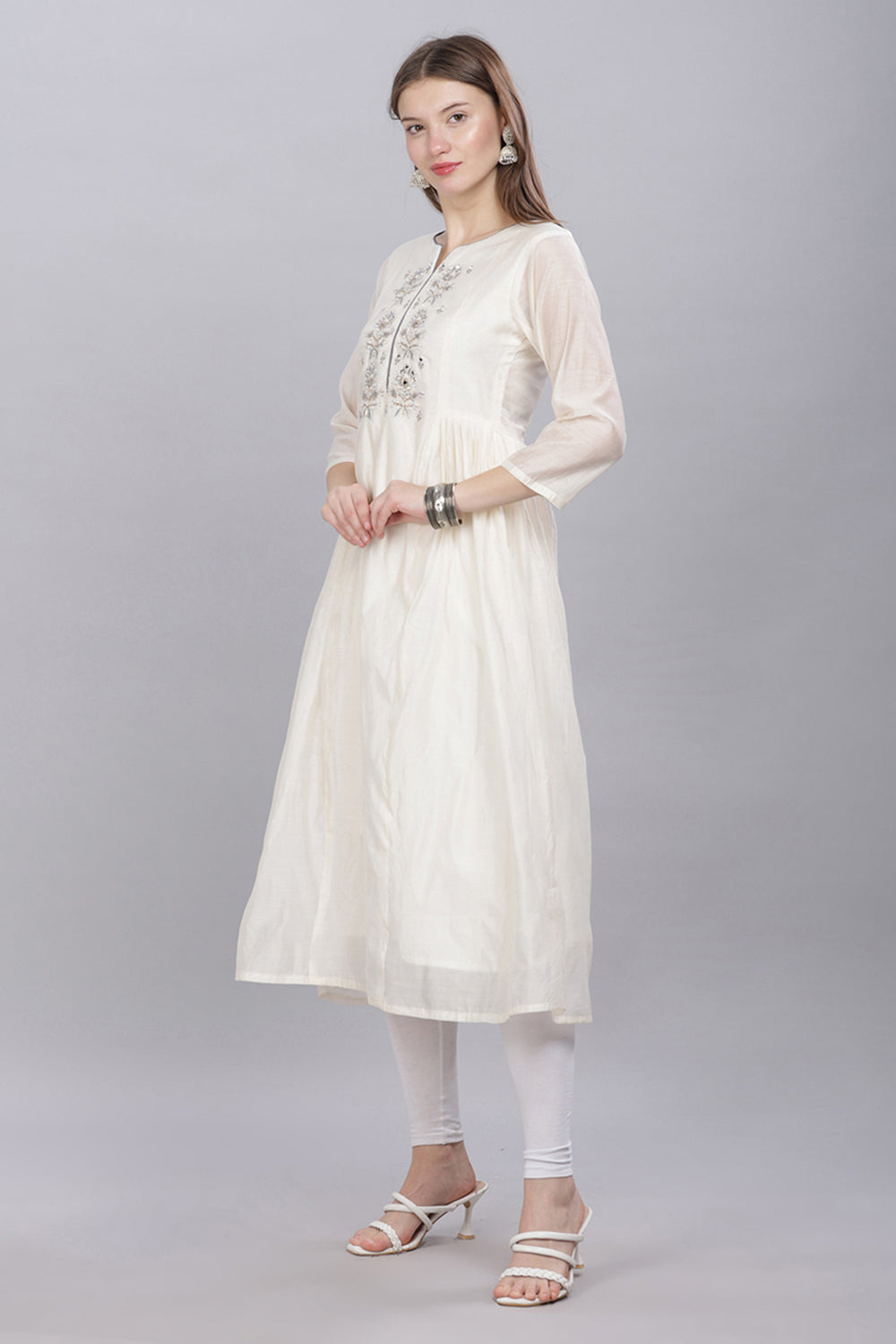 Mythri Round Neck Anarkali Kurta With 3/4 Sleeves  - Off White - KU53