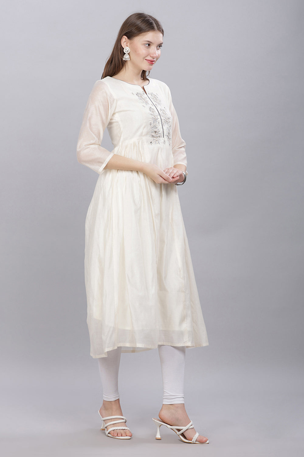 Mythri Round Neck Anarkali Kurta With 3/4 Sleeves  - Off White - KU53