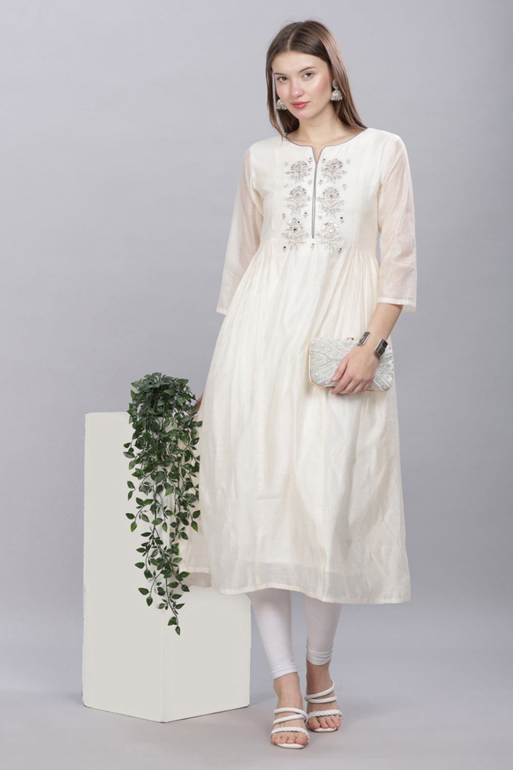 Mythri Round Neck Anarkali Kurta With 3/4 Sleeves  - Off White - KU53