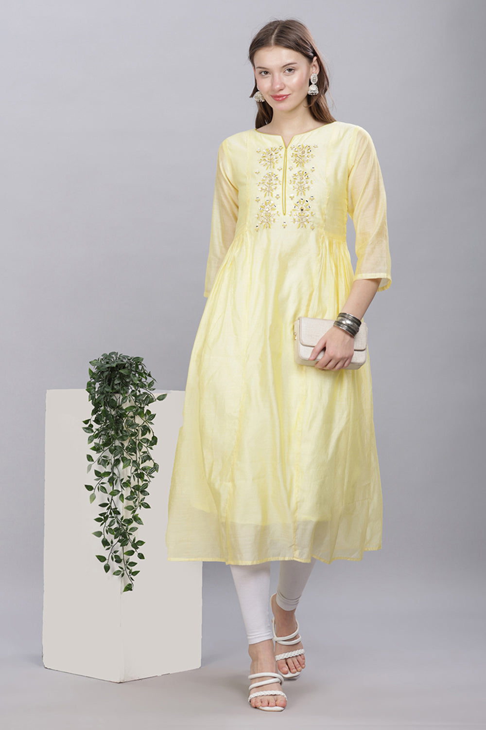 Mythri Round Neck Anarkali Kurta With 3/4 Sleeves  - Light Yellow - KU52