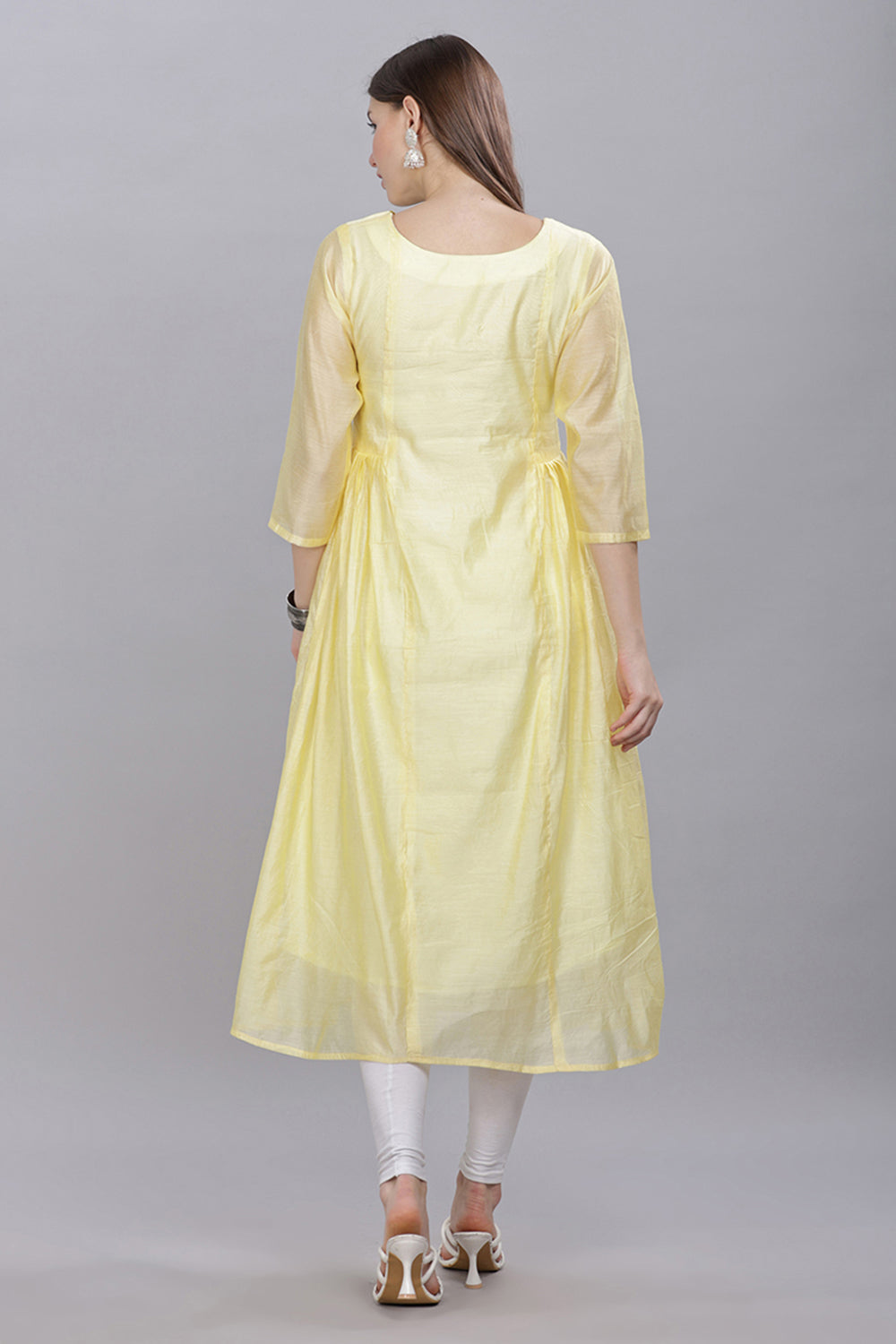 Mythri Round Neck Anarkali Cotton Kurta With 3/4 Sleeves - Light Yellow - KU52