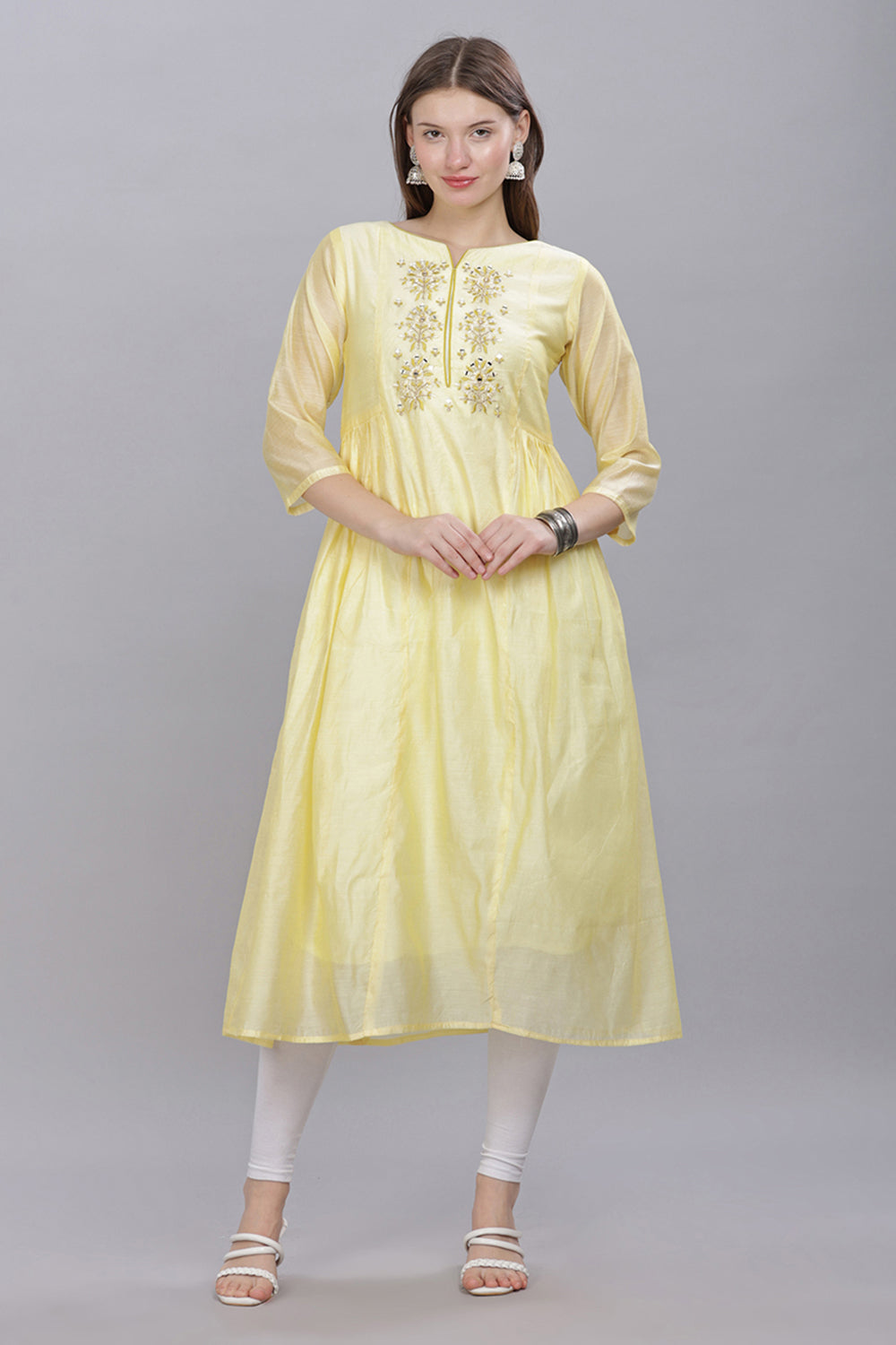 Mythri Round Neck Anarkali Kurta With 3/4 Sleeves  - Light Yellow - KU52