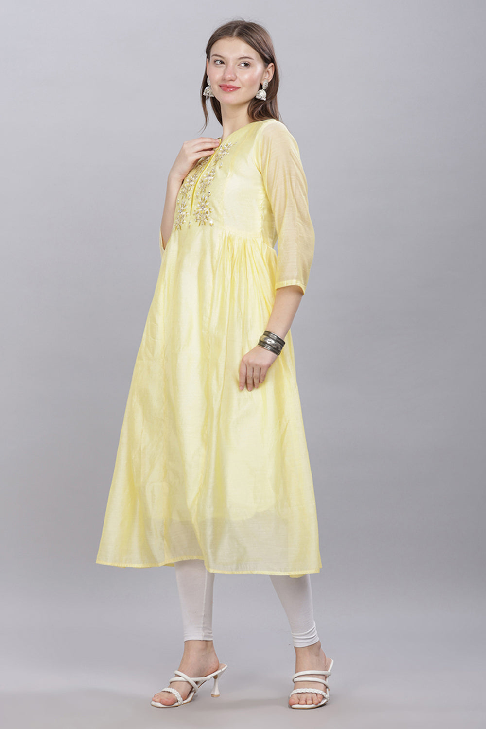 Mythri Round Neck Anarkali Cotton Kurta With 3/4 Sleeves - Light Yellow - KU52