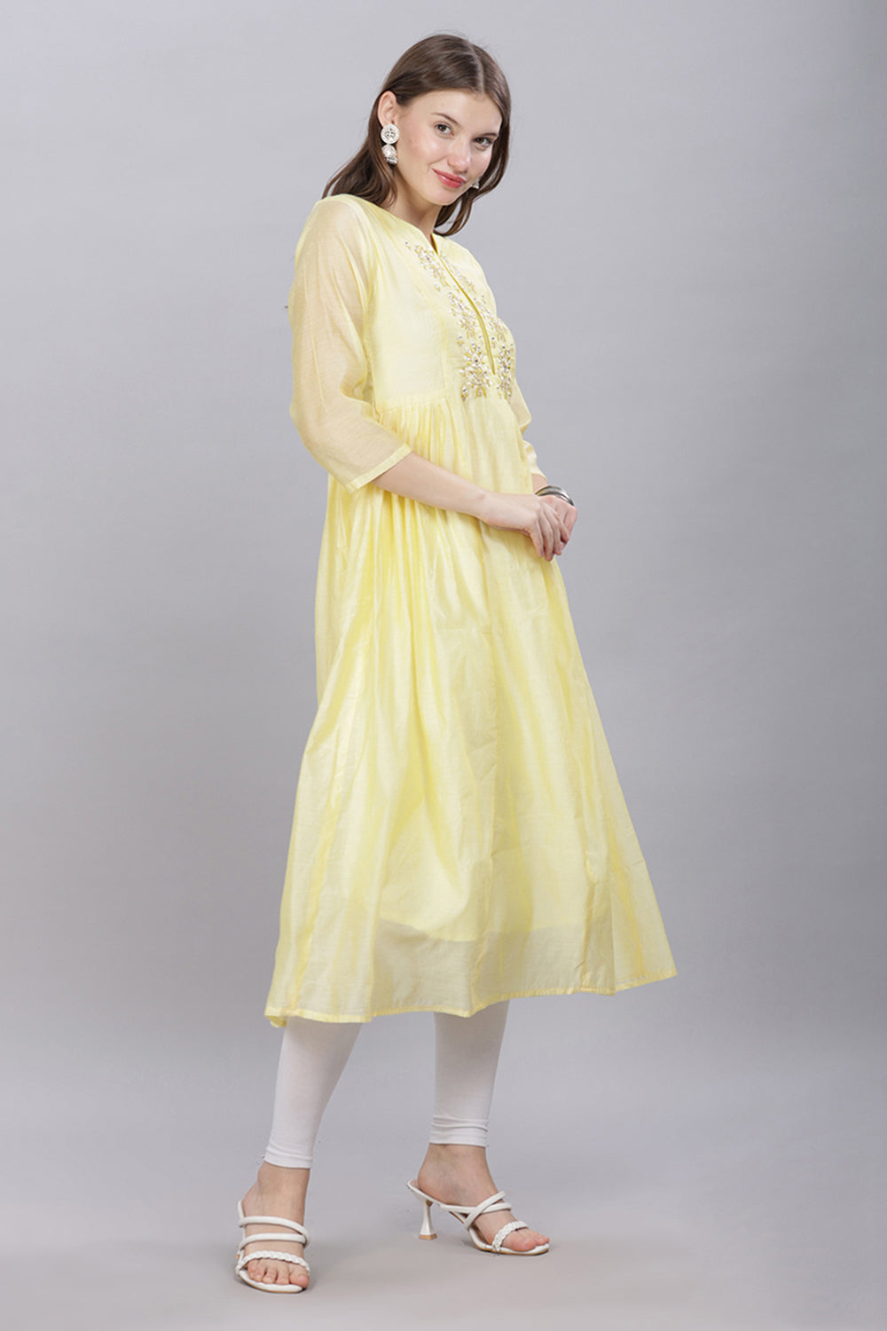 Mythri Round Neck Anarkali Cotton Kurta With 3/4 Sleeves - Light Yellow - KU52