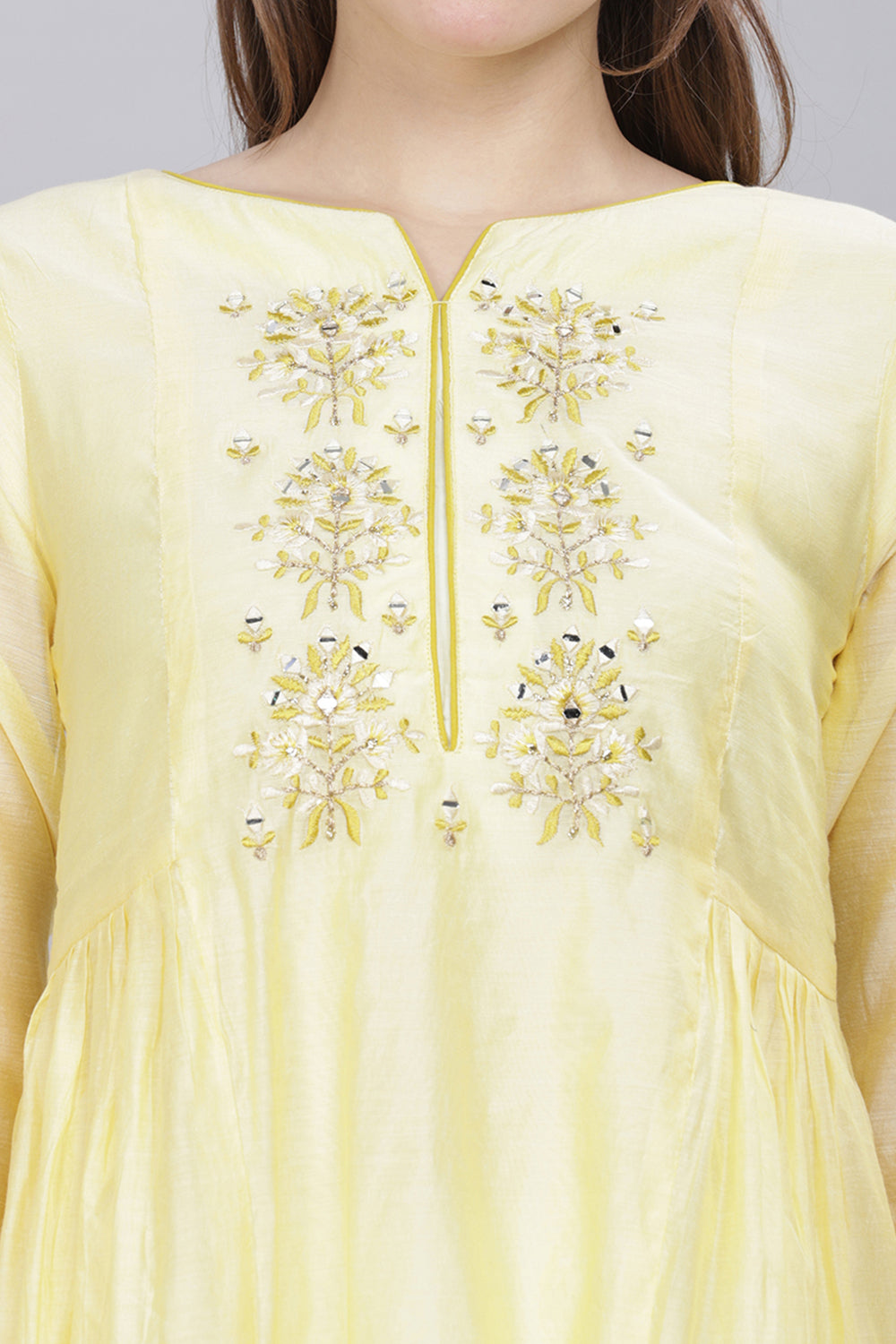 Mythri Round Neck Anarkali Kurta With 3/4 Sleeves  - Light Yellow - KU52