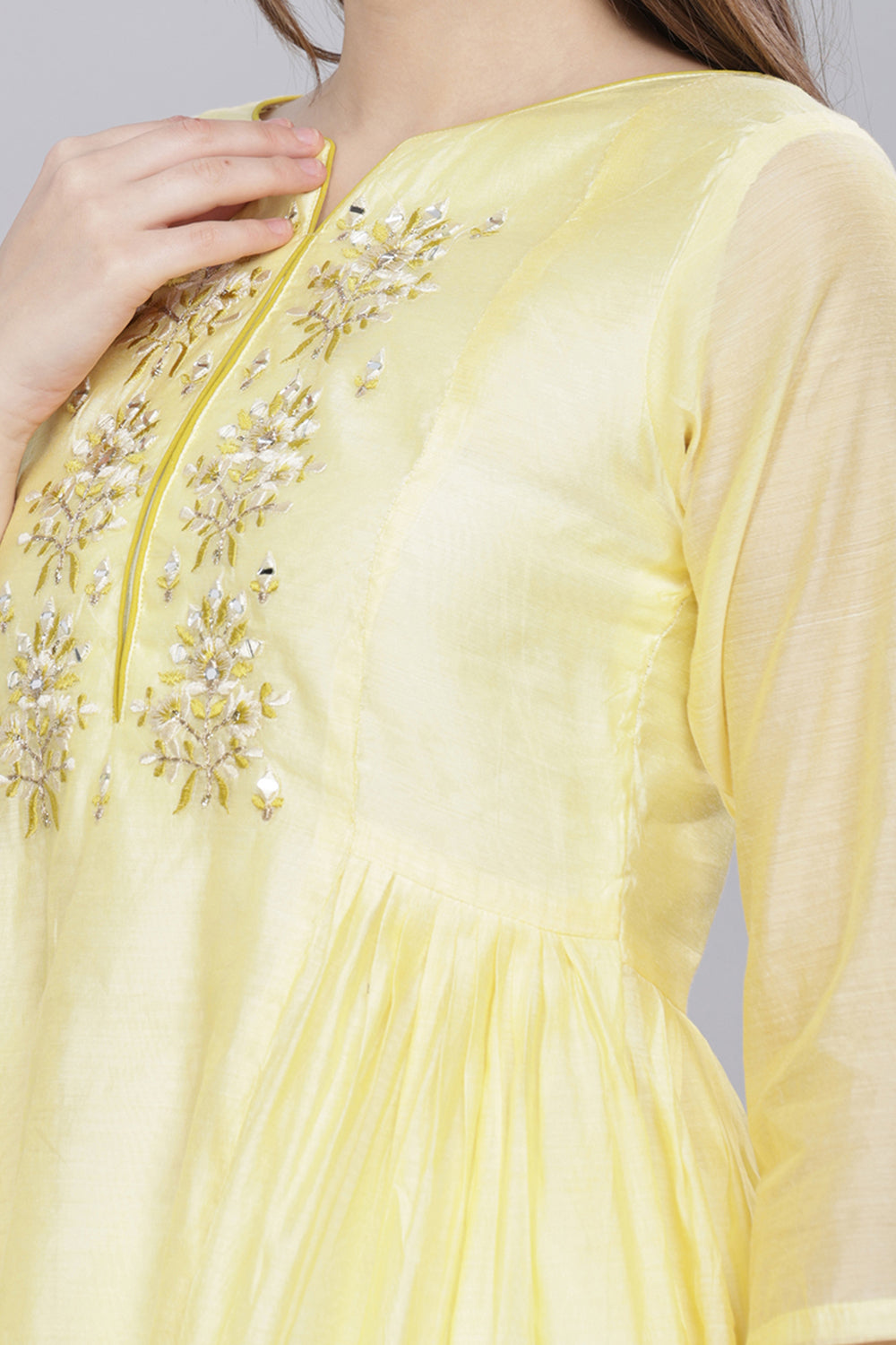 Mythri Round Neck Anarkali Kurta With 3/4 Sleeves  - Light Yellow - KU52